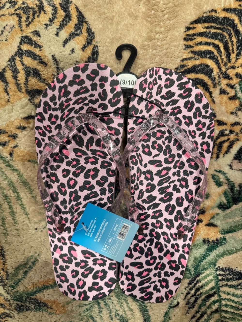 Pink Leopard Flip Flops with Sparkle Straps 9/10